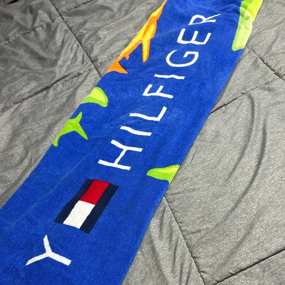 Tommy Hilfiger Blue Towel with Colorful Orange & Green Sharks 34”x 66”